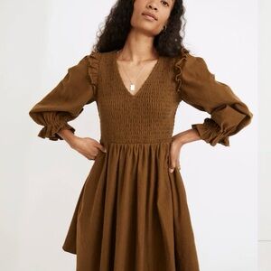 Madewell Flannel Lucie V-Neck Smocked Mini Dress Size Medium Olive Green Ruffled